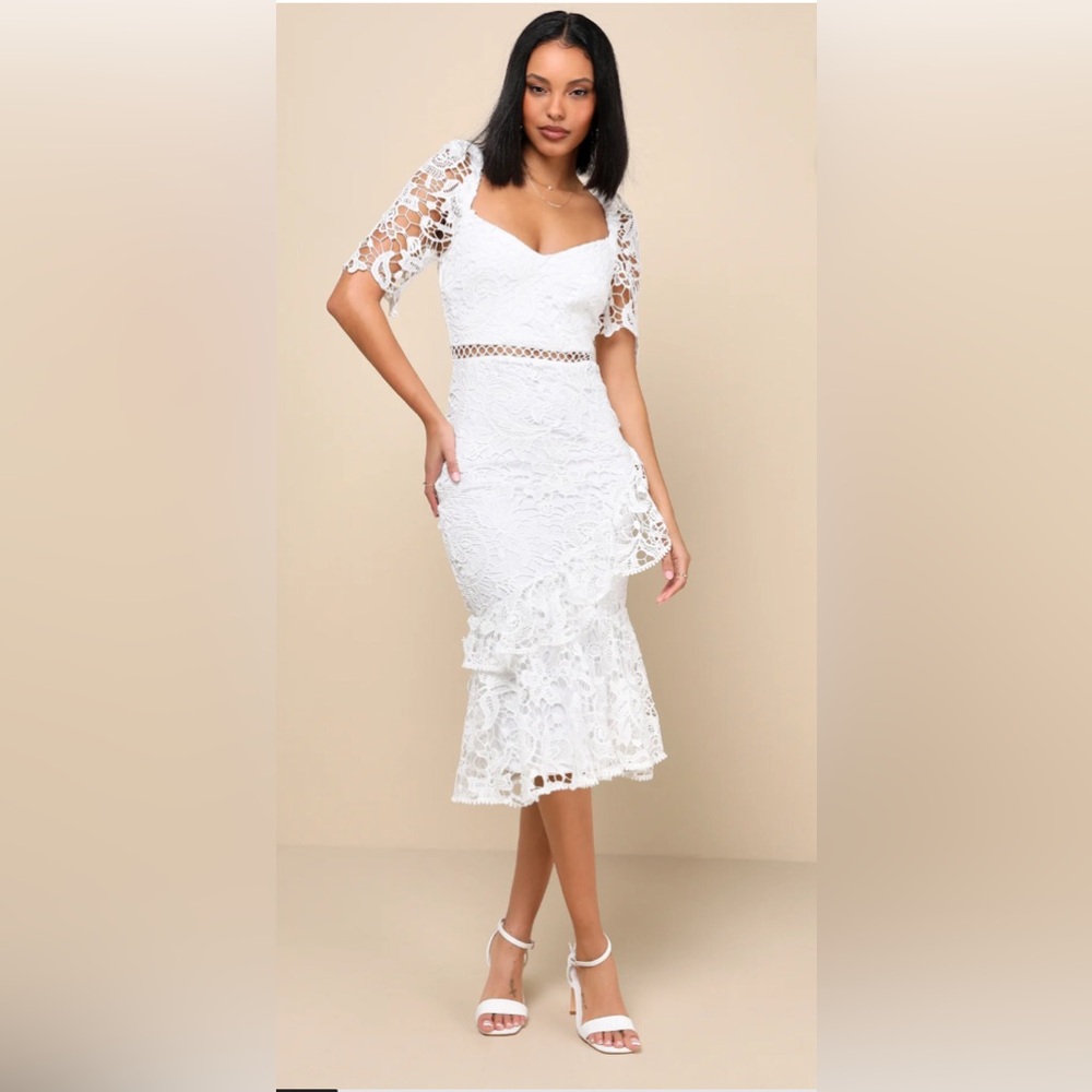 Lulus Elegant Briarwood White Lace Ruffled Midi Dress